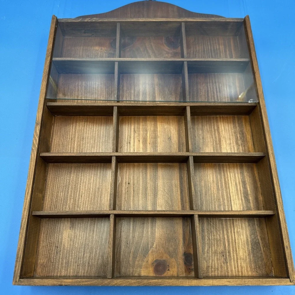 Vtg Large Wood Wall Display Case Trinket Shelf Glass Knick Knack Cabinet